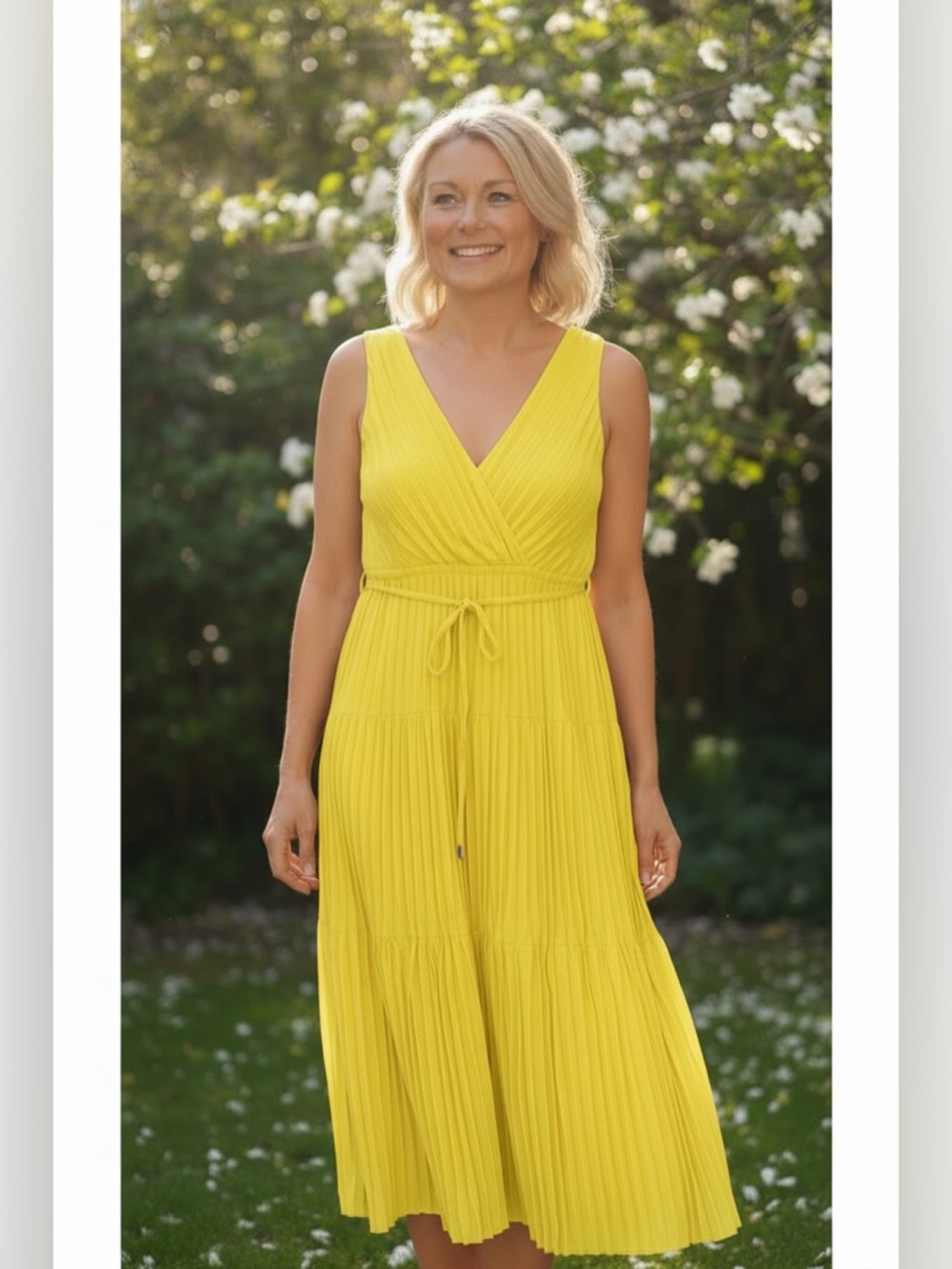 Sunny Yellow Sleeveless Midi Dress with Tie Waist